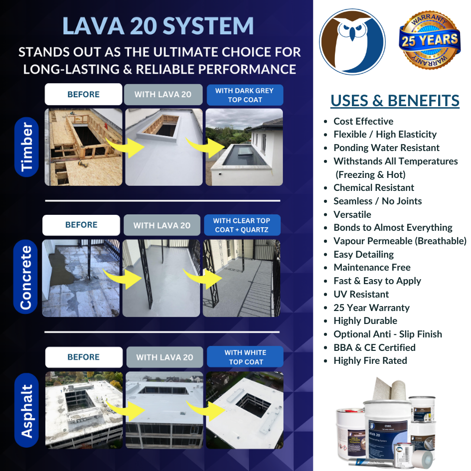 Pictured above are a number of large flat roofs that have been waterproofed succesfully with Owl Lava 20 Waterproofing System.